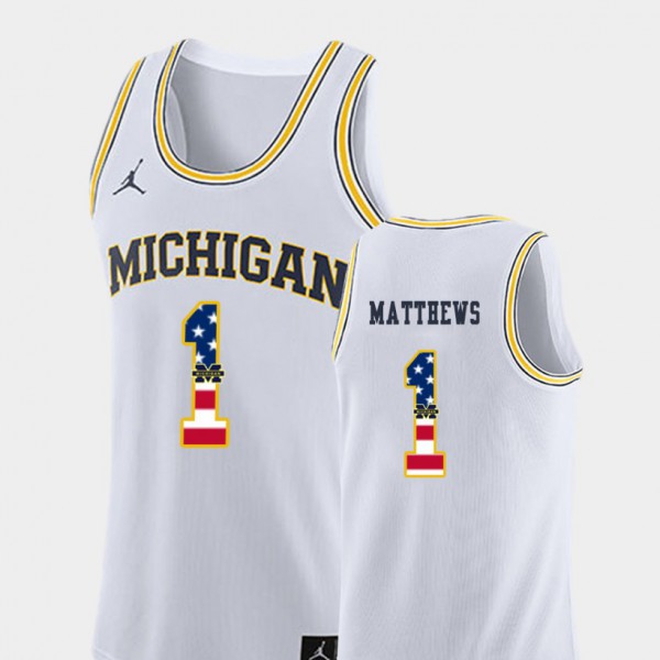 University of Michigan #1 For Men Charles Matthews Jersey White College Basketball USA Flag High School